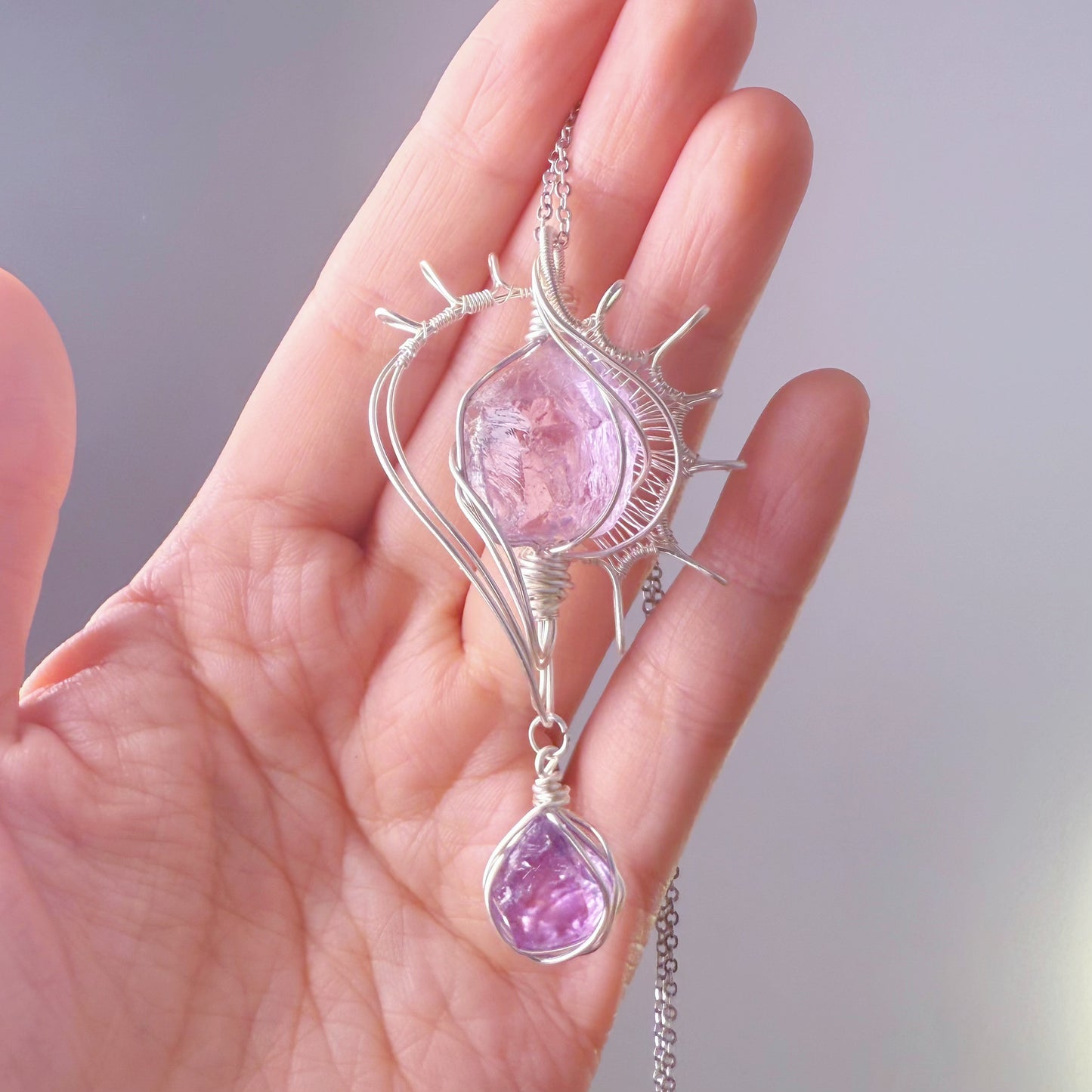 Conch - Natural Purple Amethyst Crystal Wire Wrapped Necklace