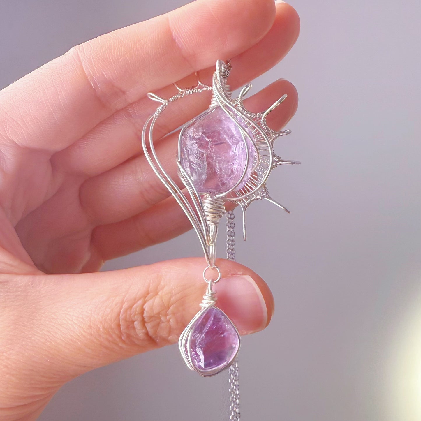 Conch - Natural Purple Amethyst Crystal Wire Wrapped Necklace