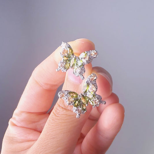 Butterfly with Green and Champagne Crystal Stud Earrings