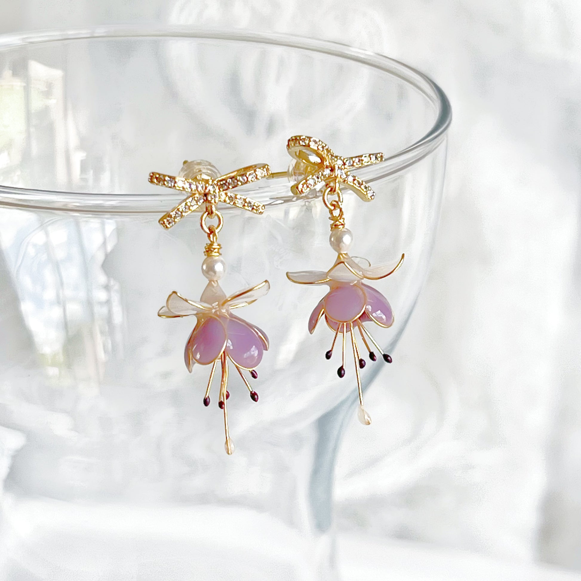 Purple Fuchsia Flower and Bow Earrings-Ninaouity