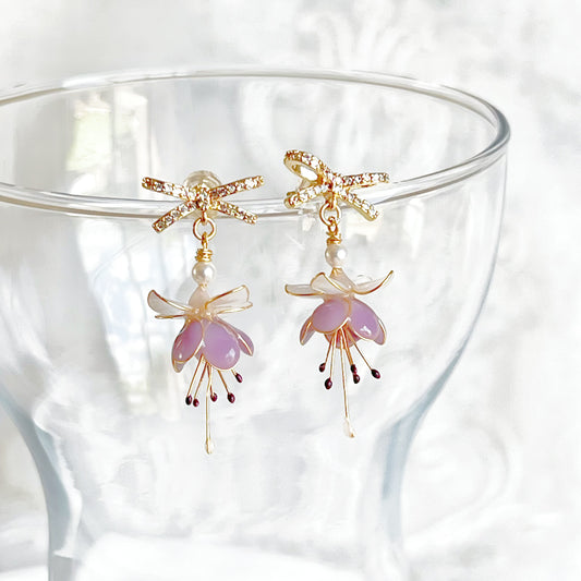 Purple Fuchsia Flower and Bow Earrings-Ninaouity