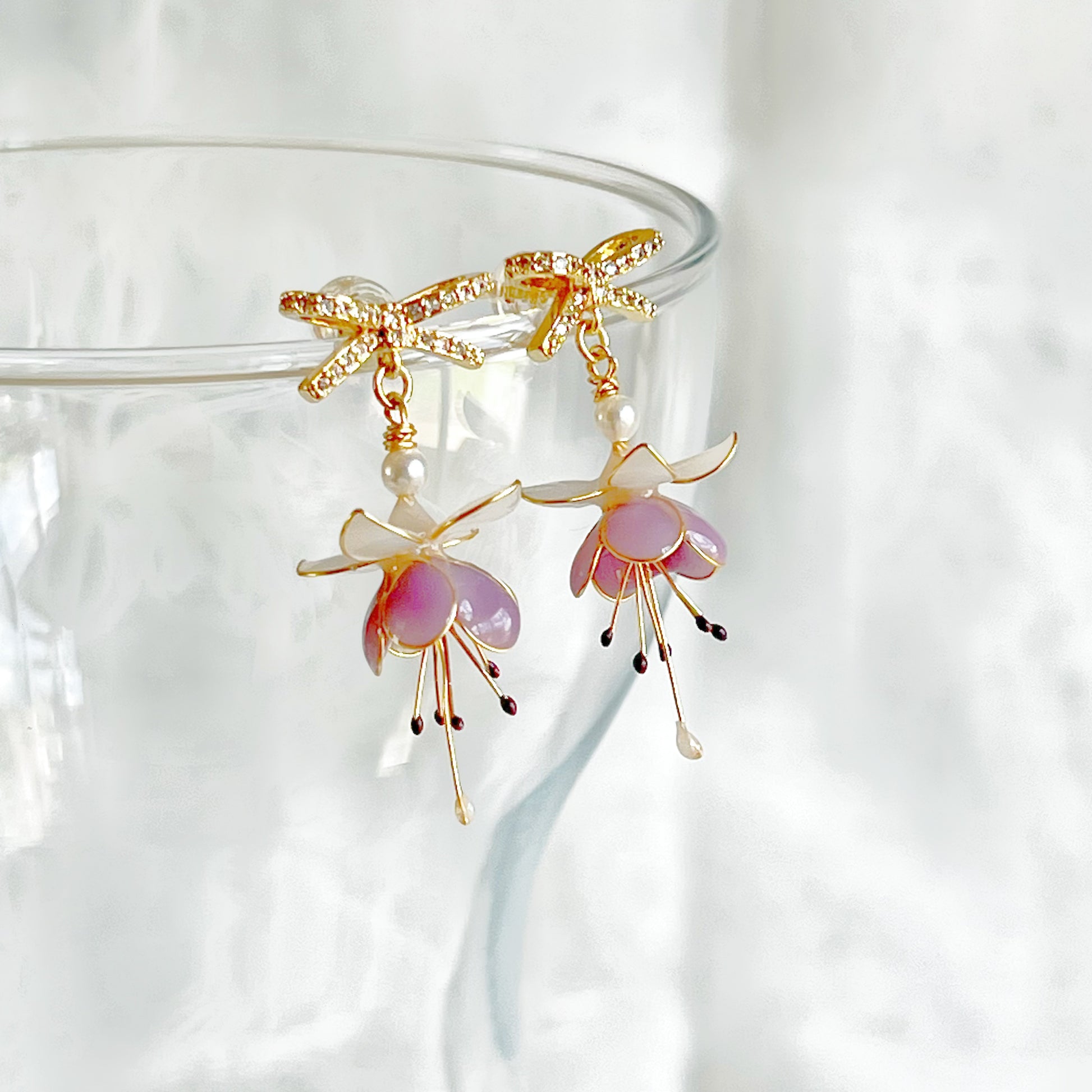 Purple Fuchsia Flower and Bow Earrings-Ninaouity