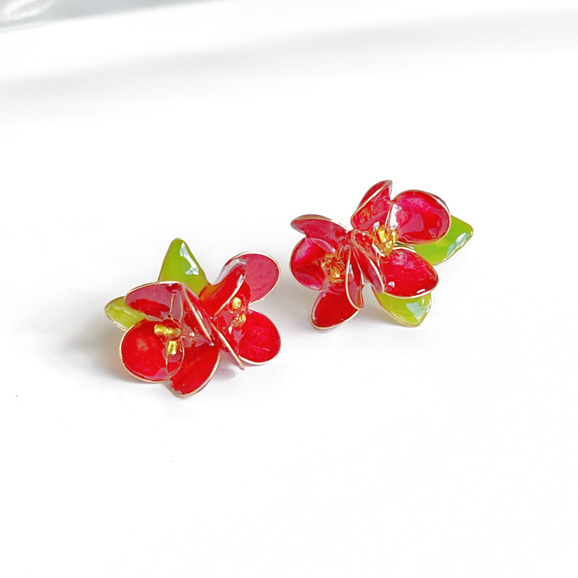 Handmade Two Red Camellia Flower Earrings-Ninaouity