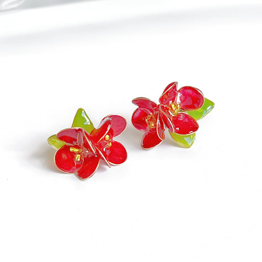 Handmade Two Red Camellia Flower Earrings-Ninaouity