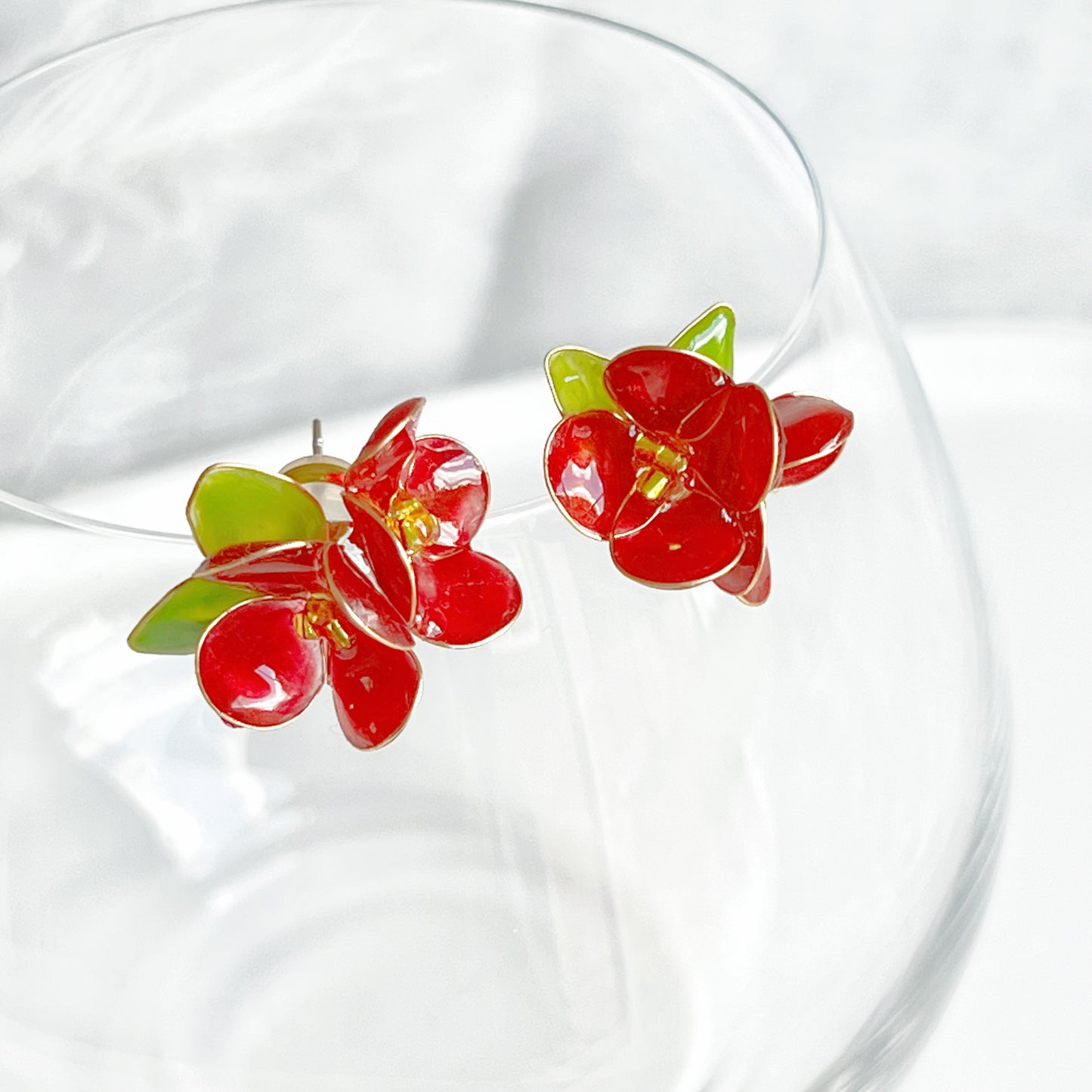 Handmade Two Red Camellia Flower Earrings-Ninaouity