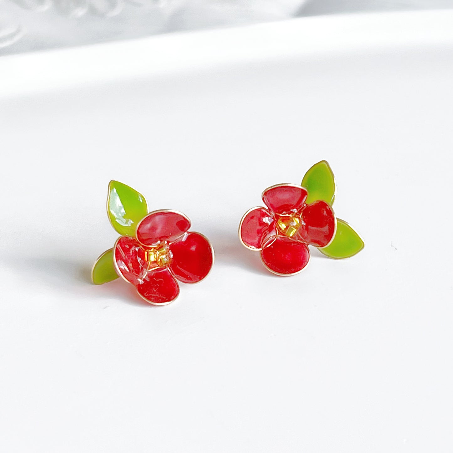 Handmade Red Camellia Flower Earrings-Ninaouity