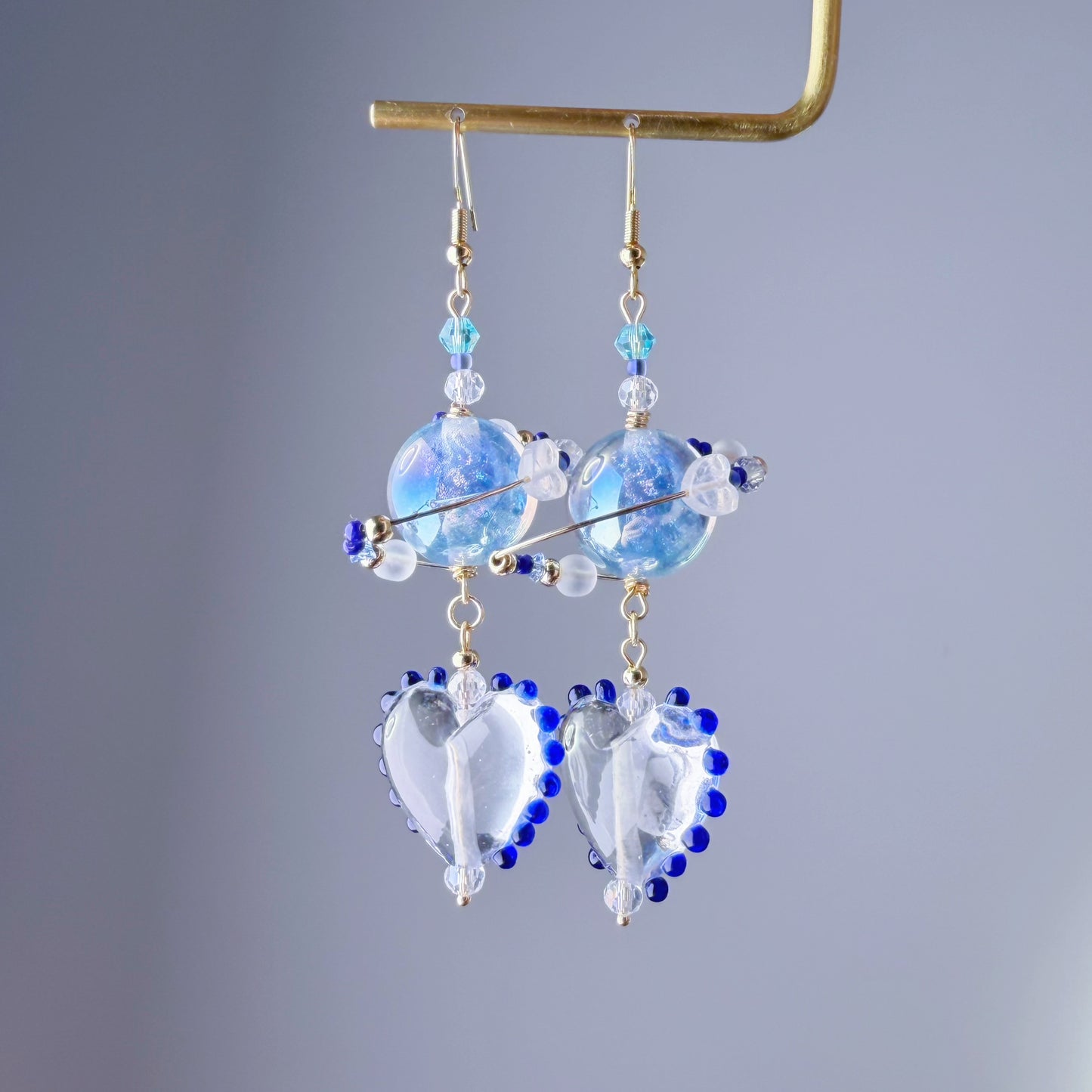 Blue Planet Neptune Crystal Heart Dangle Earrings