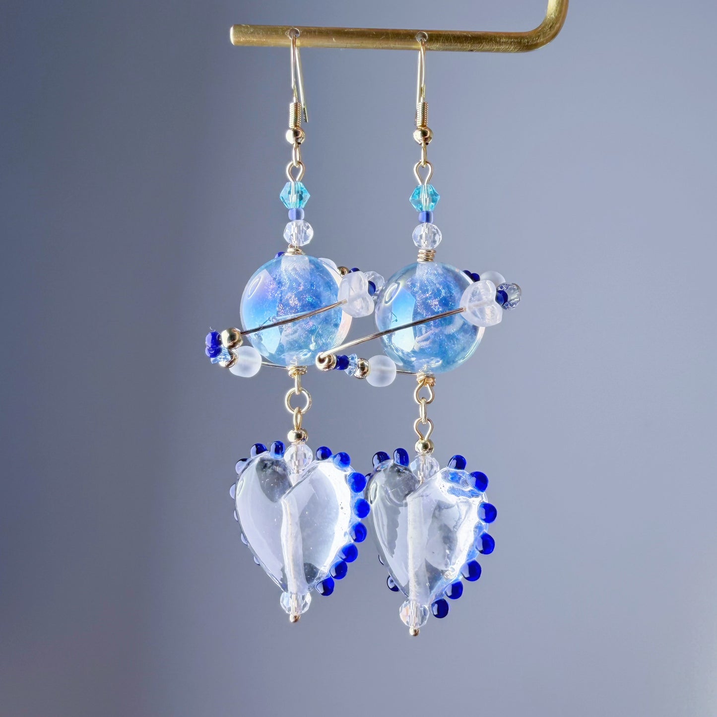 Blue Planet Neptune Crystal Heart Dangle Earrings