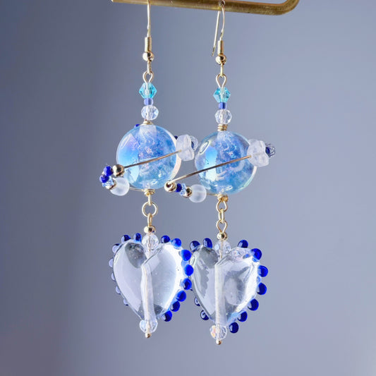 Blue Planet Neptune Crystal Heart Dangle Earrings