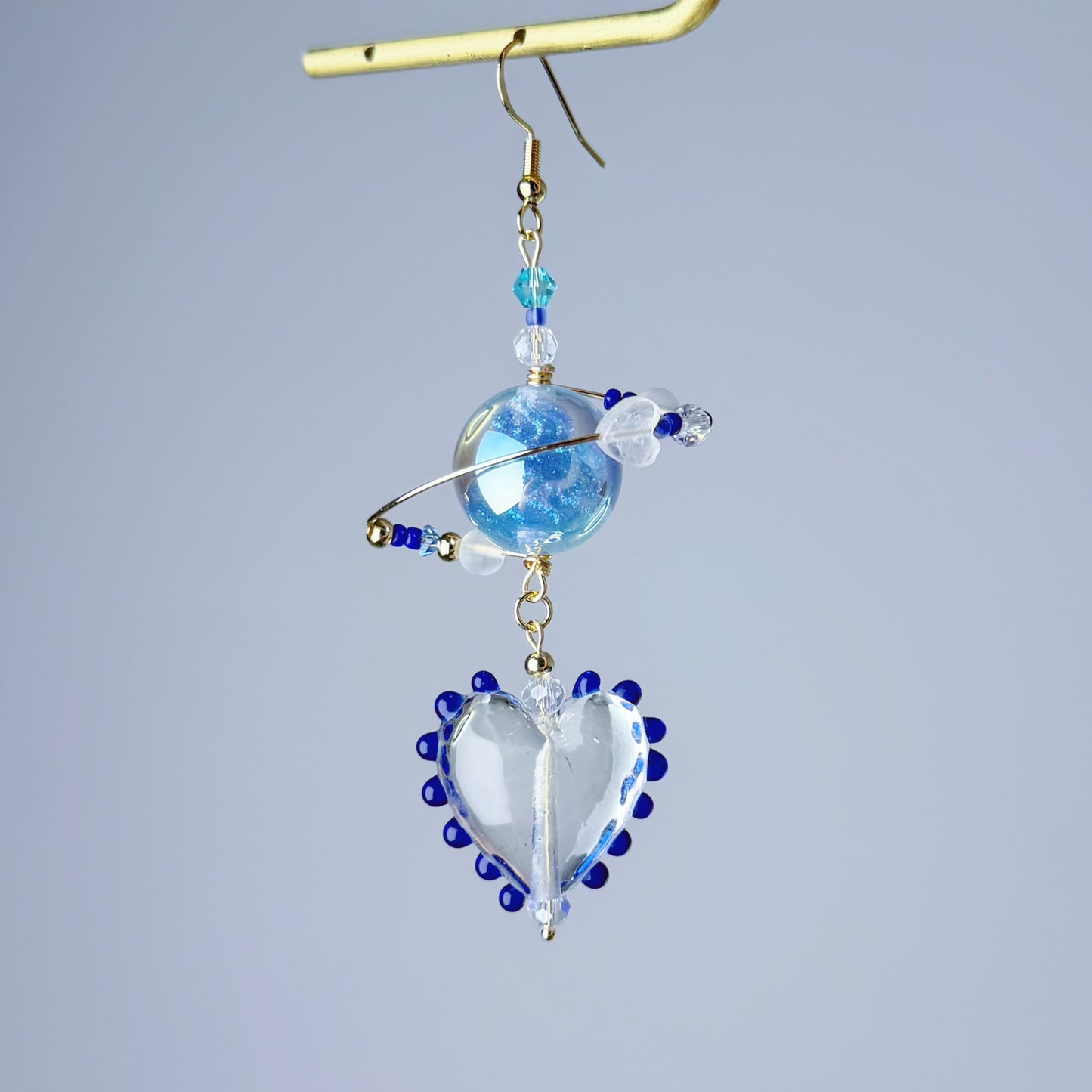 Blue Planet Neptune Crystal Heart Dangle Earrings