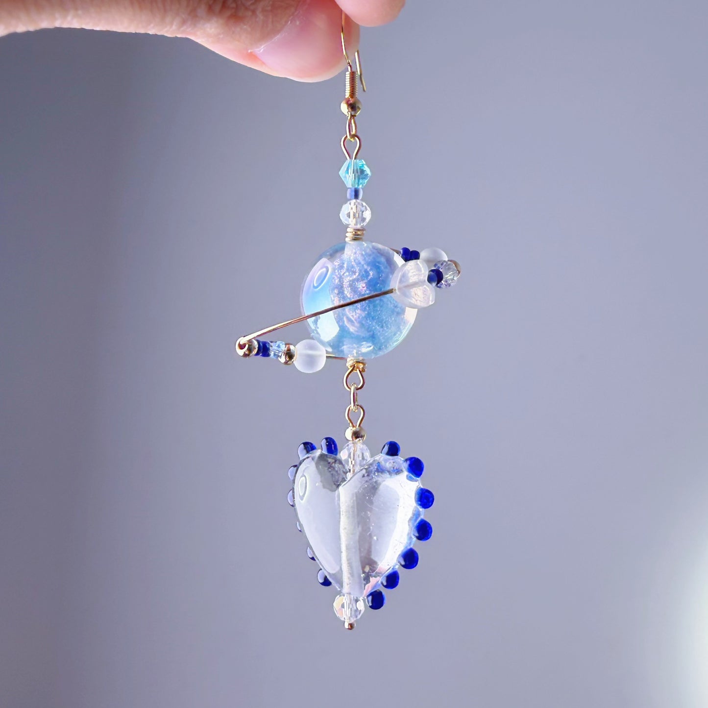 Blue Planet Neptune Crystal Heart Dangle Earrings