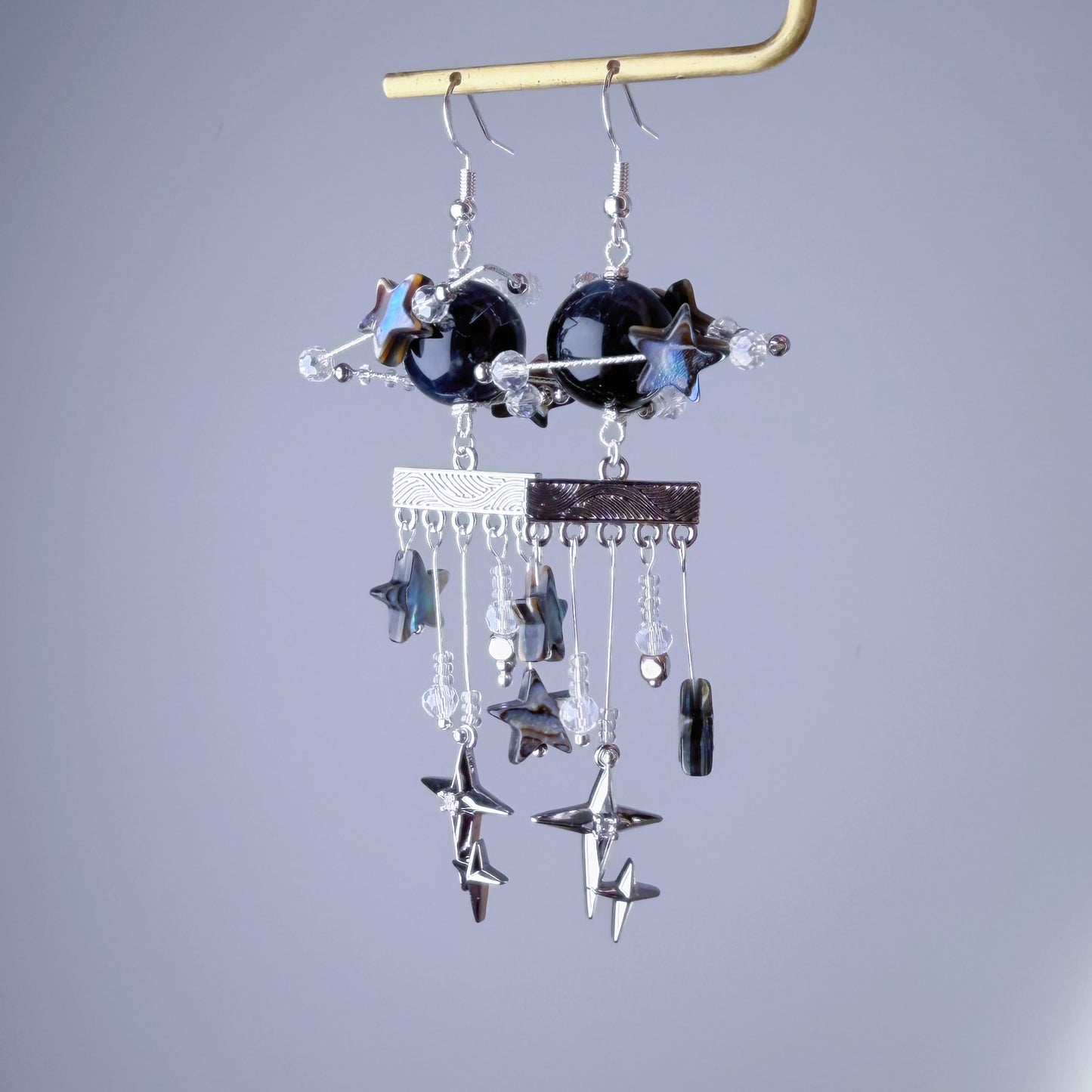 Silver Black Planet TrES-2b Tiger's Eye Stone and Shell Star Crystal Earrings