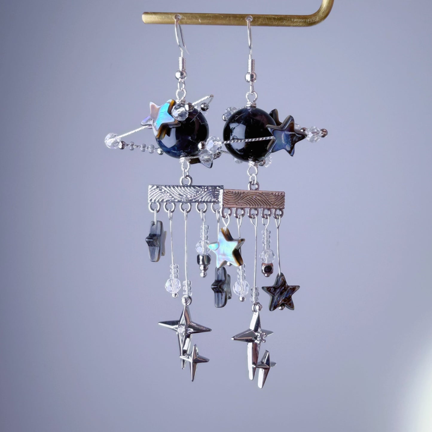 Silver Black Planet TrES-2b Tiger's Eye Stone and Shell Star Crystal Earrings