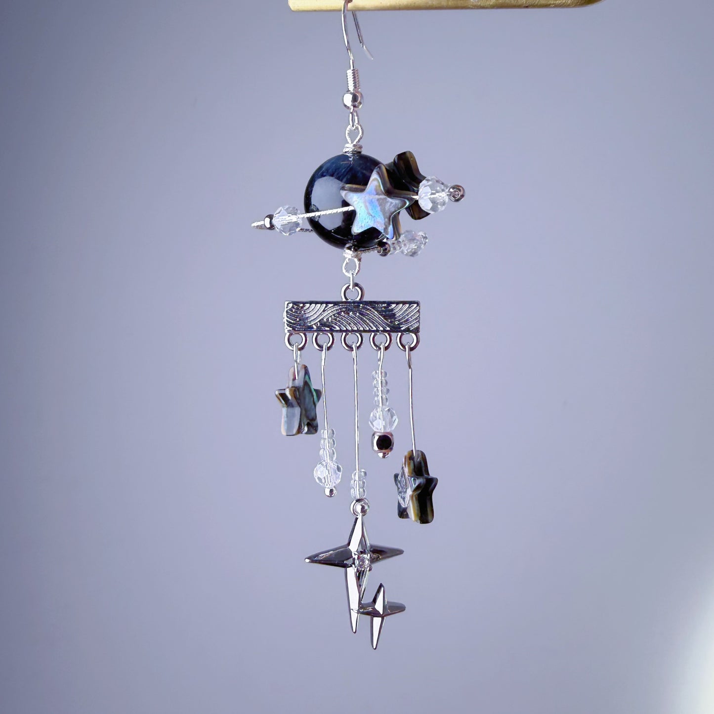 Silver Black Planet TrES-2b Tiger's Eye Stone and Shell Star Crystal Earrings