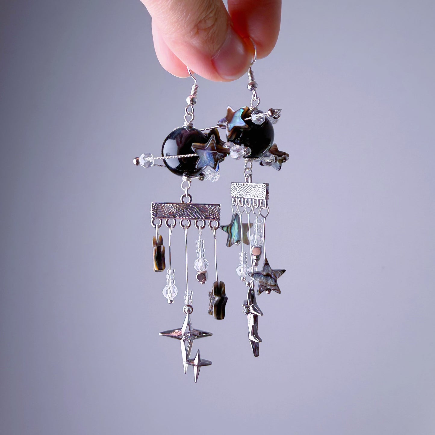 Silver Black Planet TrES-2b Tiger's Eye Stone and Shell Star Crystal Earrings
