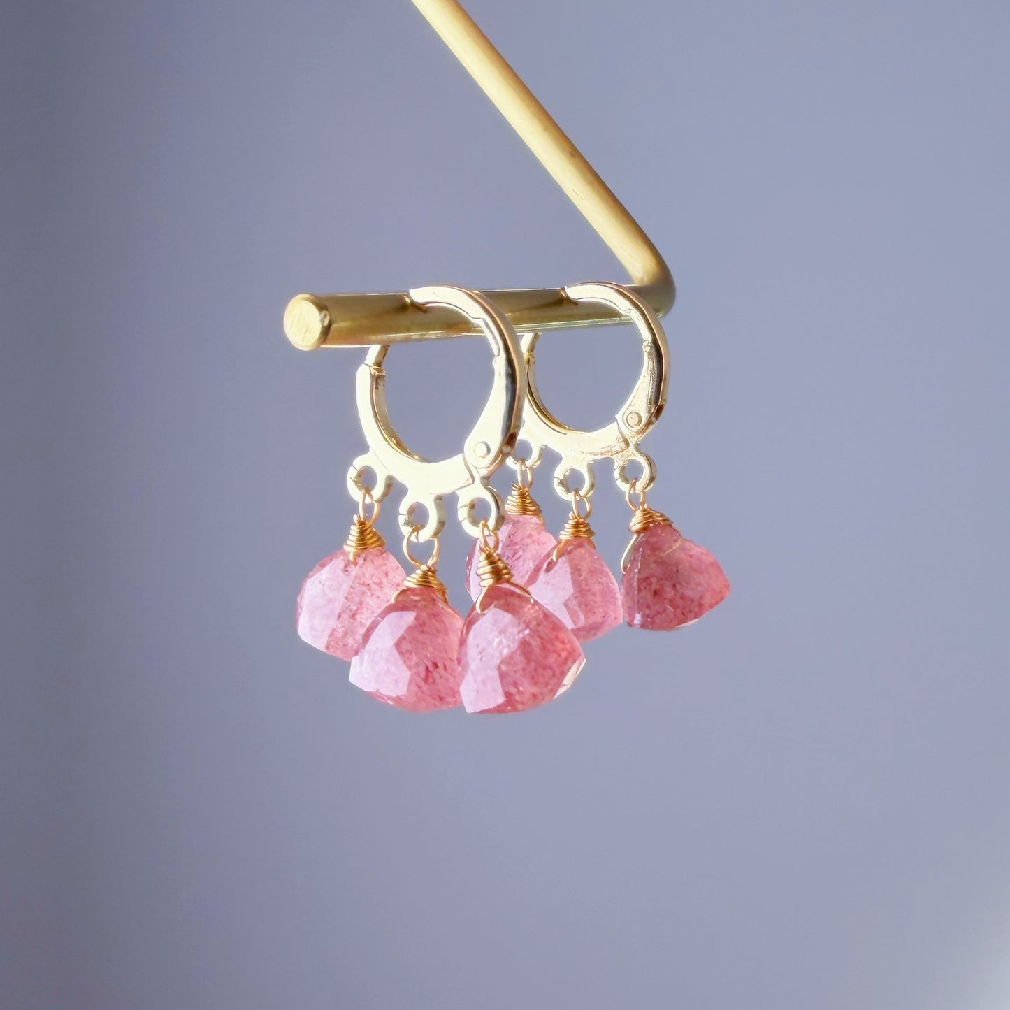 Handmade Natural Red Strawberry Triangle Cut Quartz Hoop Earrings