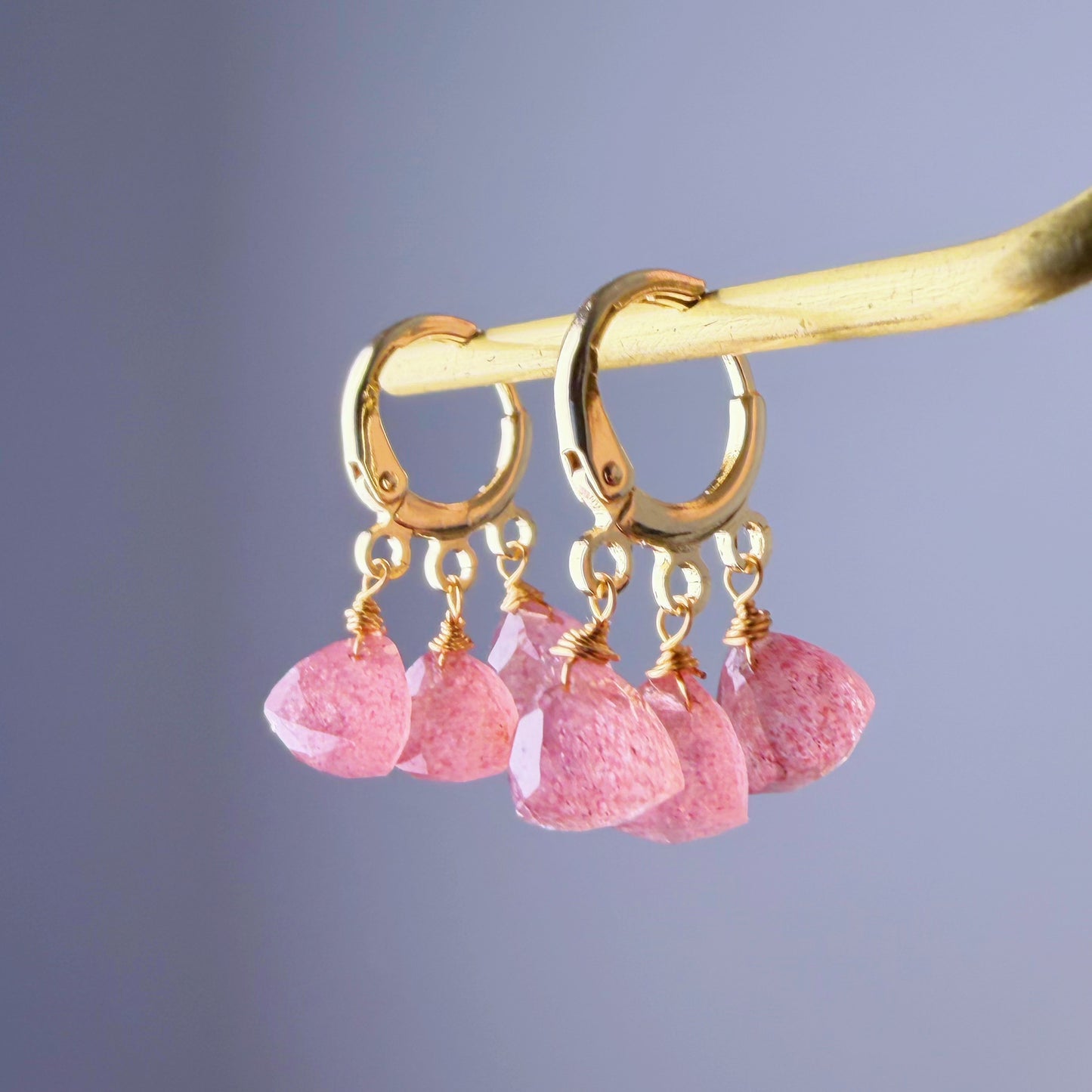 Handmade Natural Red Strawberry Triangle Cut Quartz Hoop Earrings