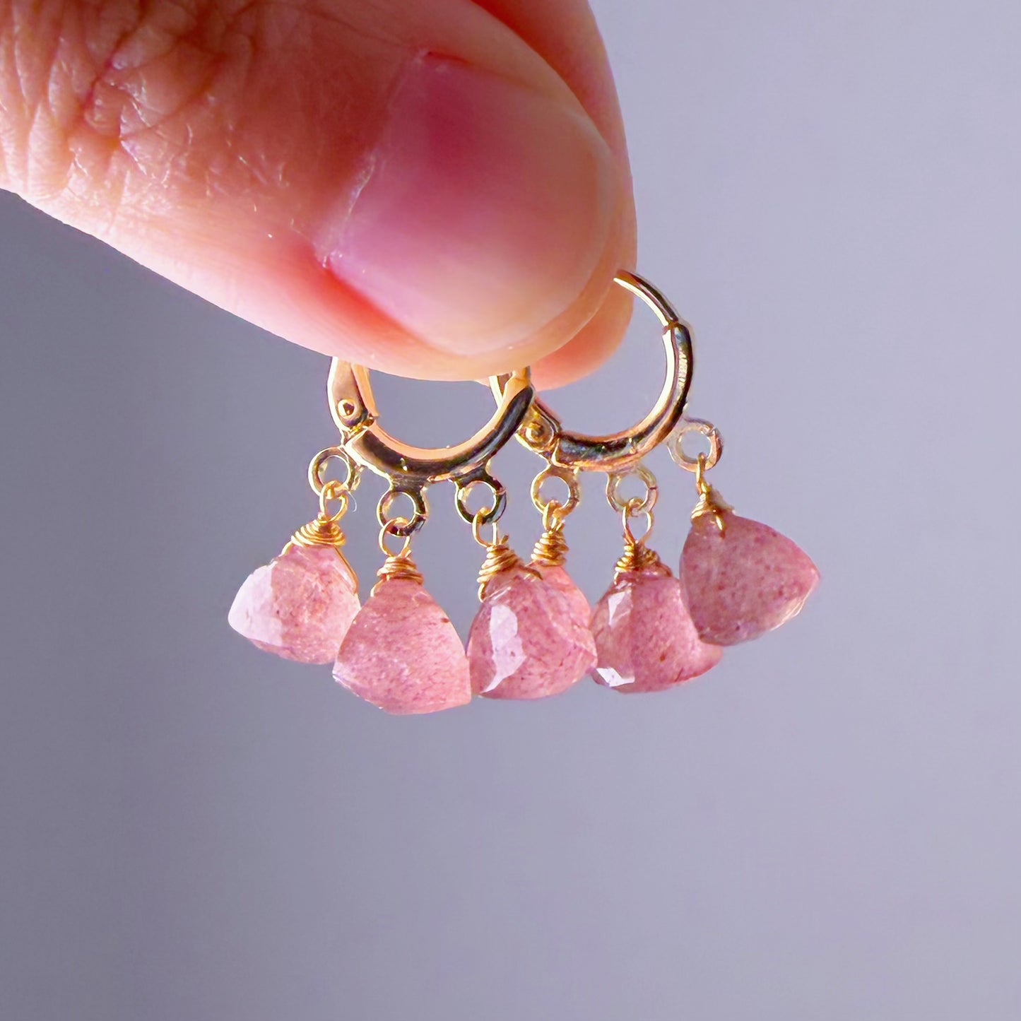 Handmade Natural Red Strawberry Triangle Cut Quartz Hoop Earrings
