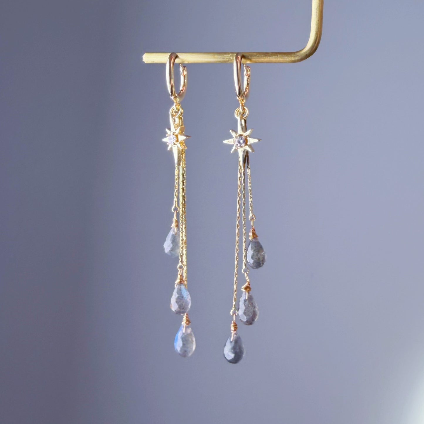 Handmade Natural Labradorite Faceted Crystal Star Hoop Earrings