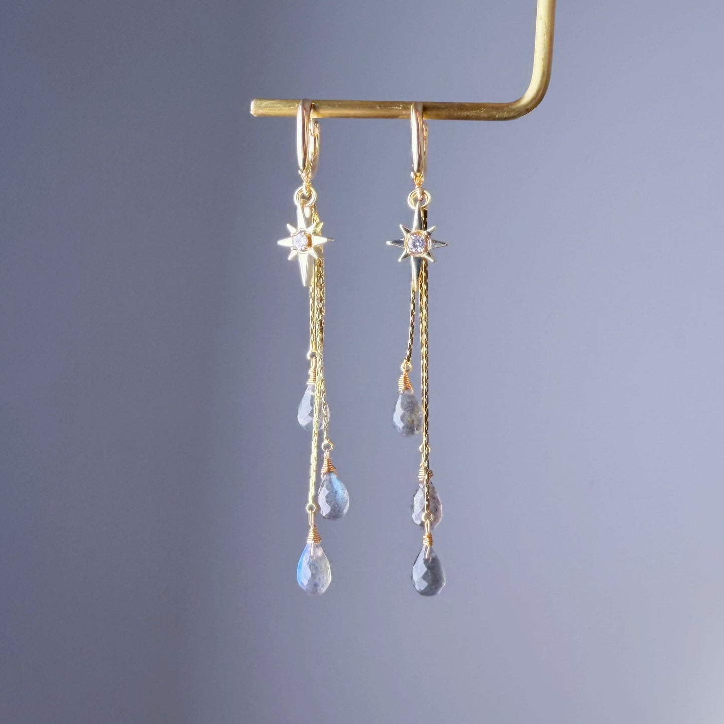 Handmade Natural Labradorite Faceted Crystal Star Hoop Earrings