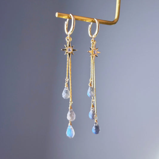 Handmade Natural Labradorite Faceted Crystal Star Hoop Earrings