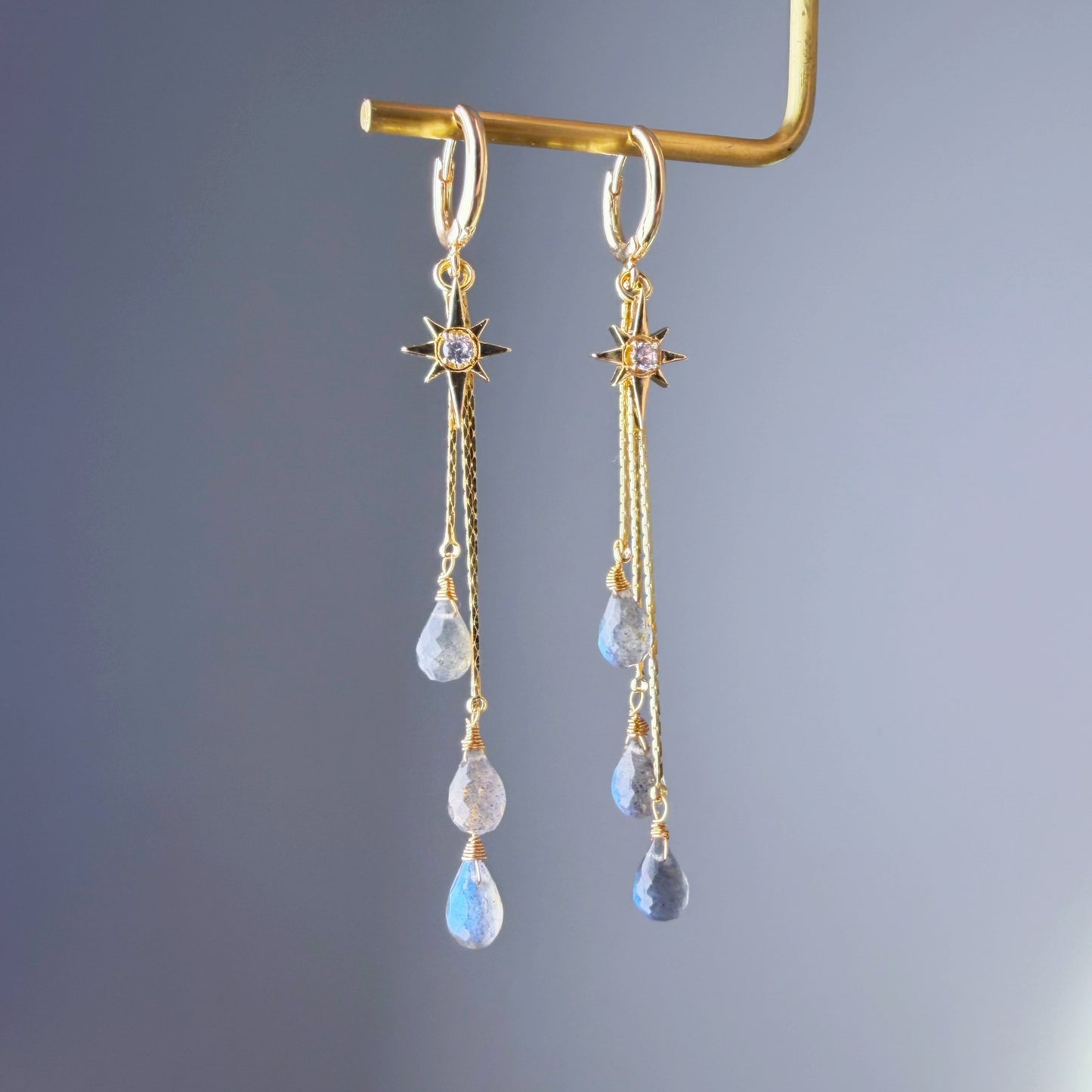 Handmade Natural Labradorite Faceted Crystal Star Hoop Earrings