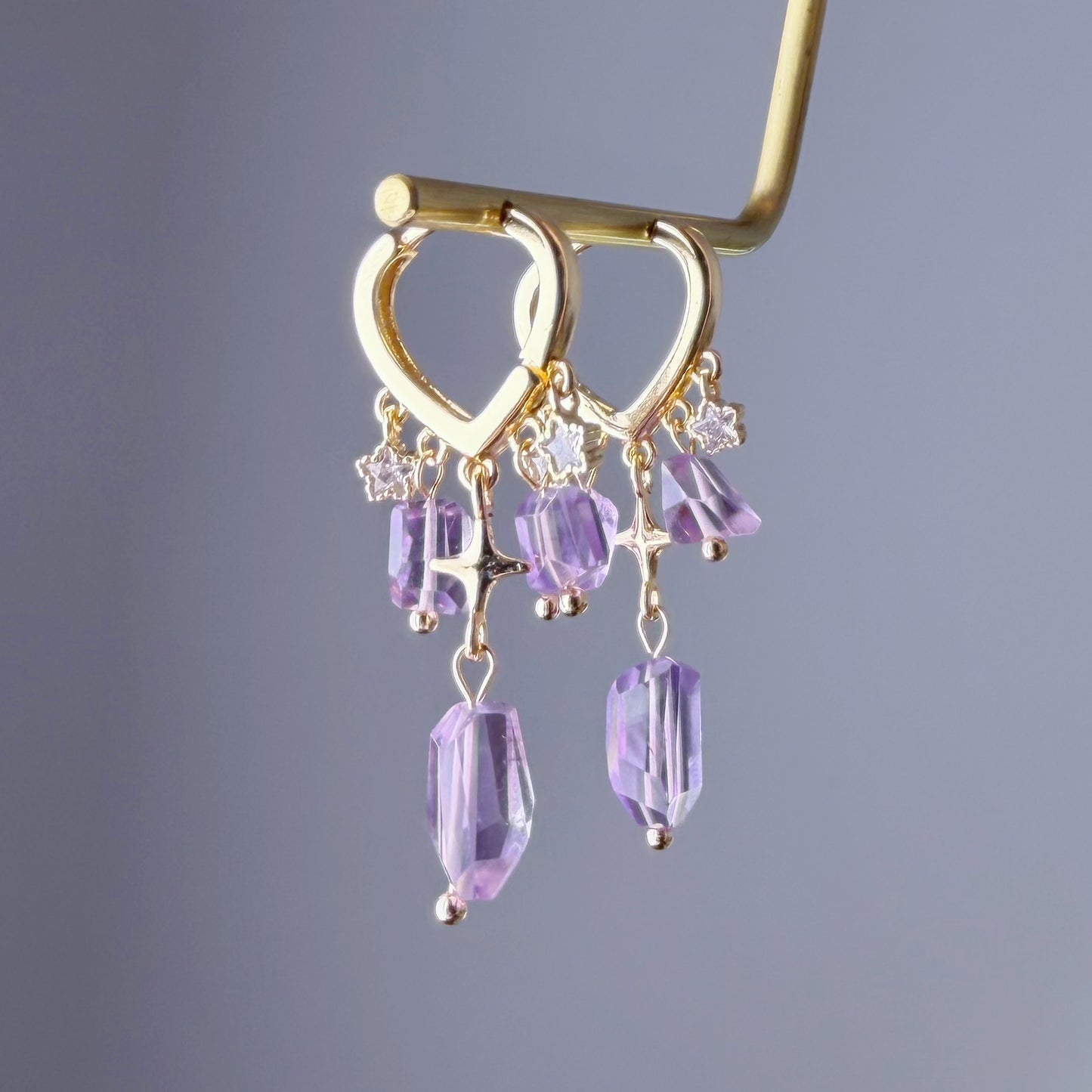 Handmade Natural Amethyst Faceted Gemstone Heart Hoop Earrings