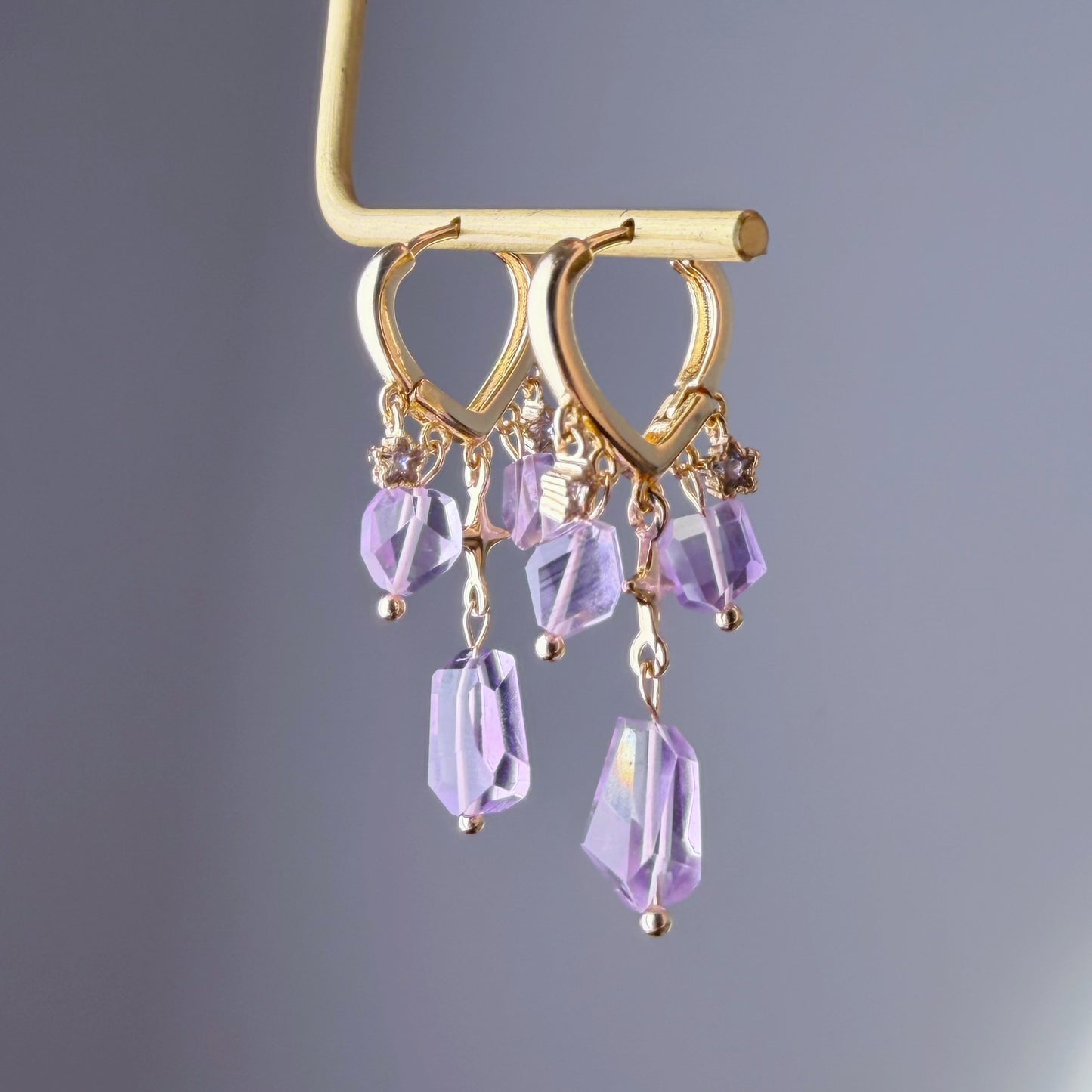 Handmade Natural Amethyst Faceted Gemstone Heart Hoop Earrings