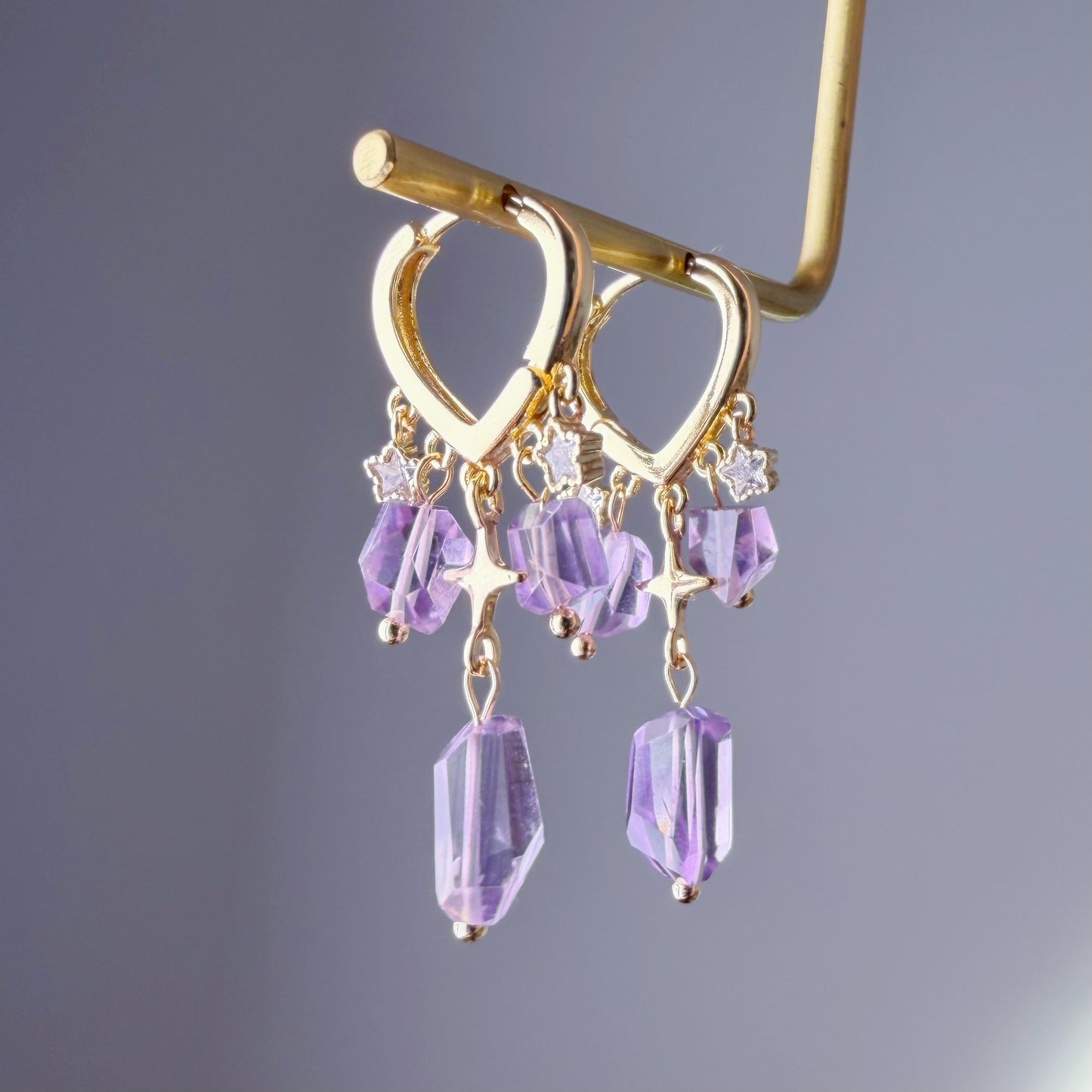 Handmade Natural Amethyst Faceted Gemstone Heart Hoop Earrings