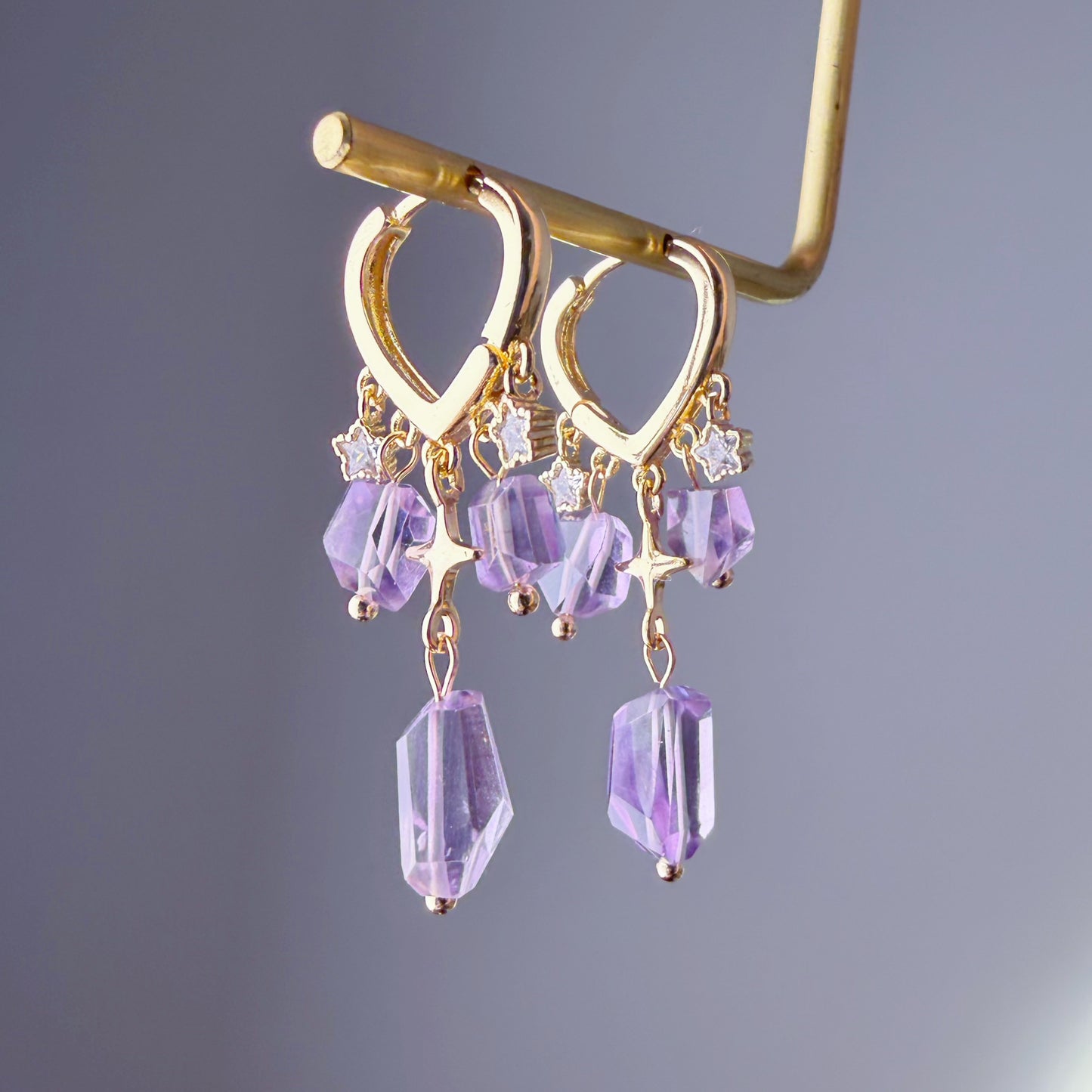 Handmade Natural Amethyst Faceted Gemstone Heart Hoop Earrings