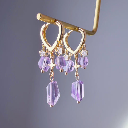 Handmade Natural Amethyst Faceted Gemstone Heart Hoop Earrings