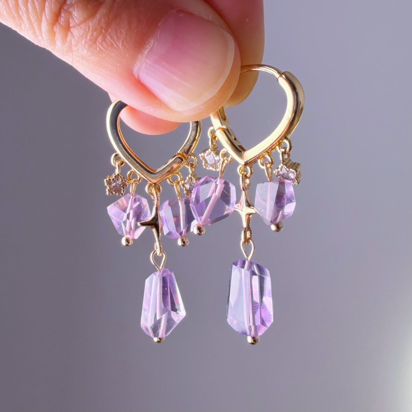 Handmade Natural Amethyst Faceted Gemstone Heart Hoop Earrings