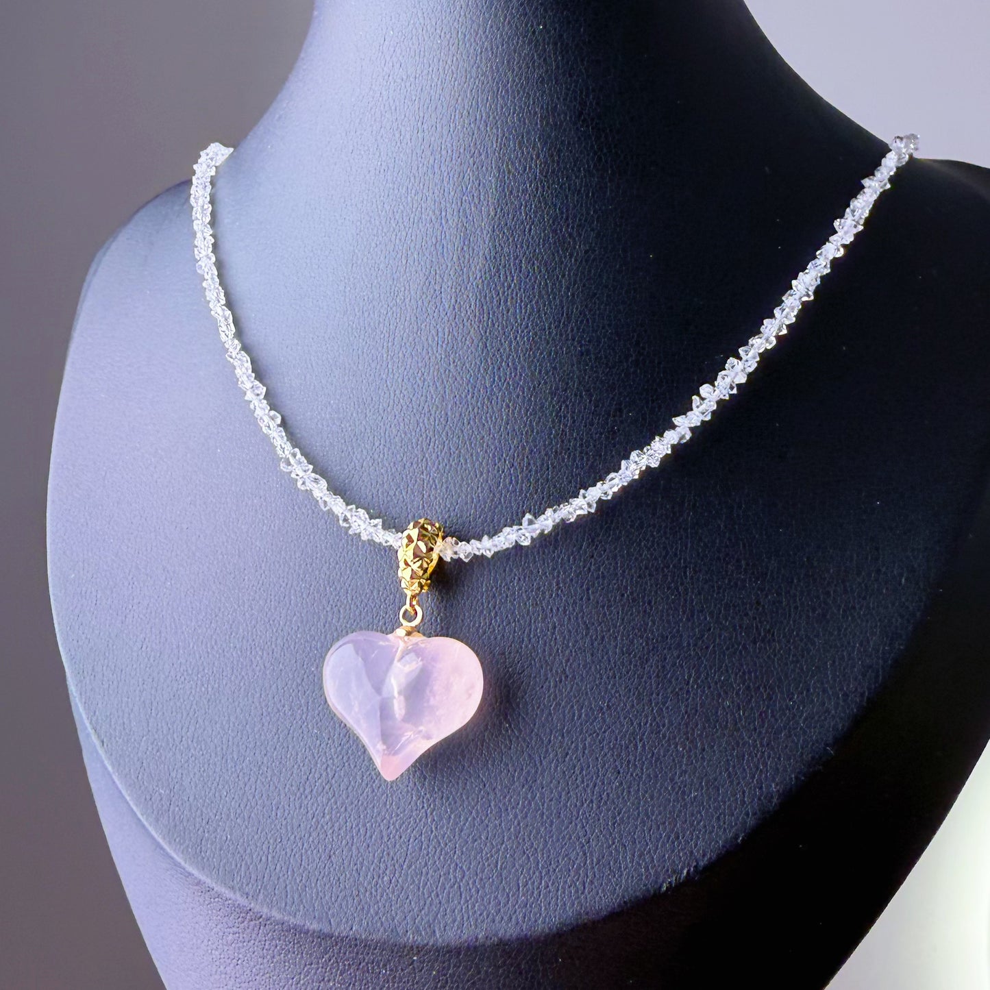 Rose Quartz Crystal Heart Pendant and Herkimer Diamond Beaded Necklace