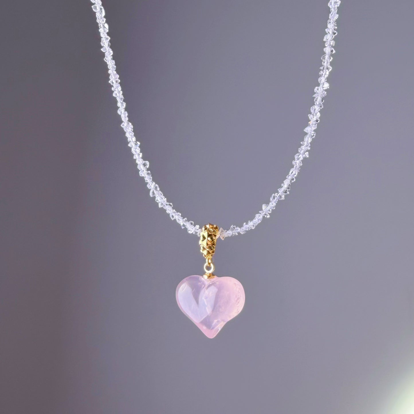 Rose Quartz Crystal Heart Pendant and Herkimer Diamond Beaded Necklace