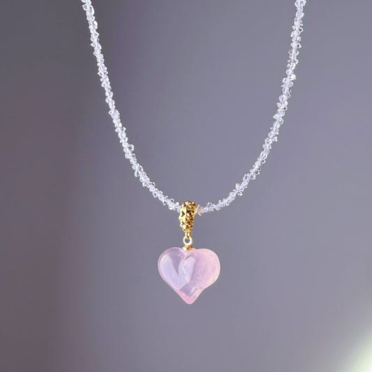 Rose Quartz Crystal Heart Pendant and Herkimer Diamond Beaded Necklace