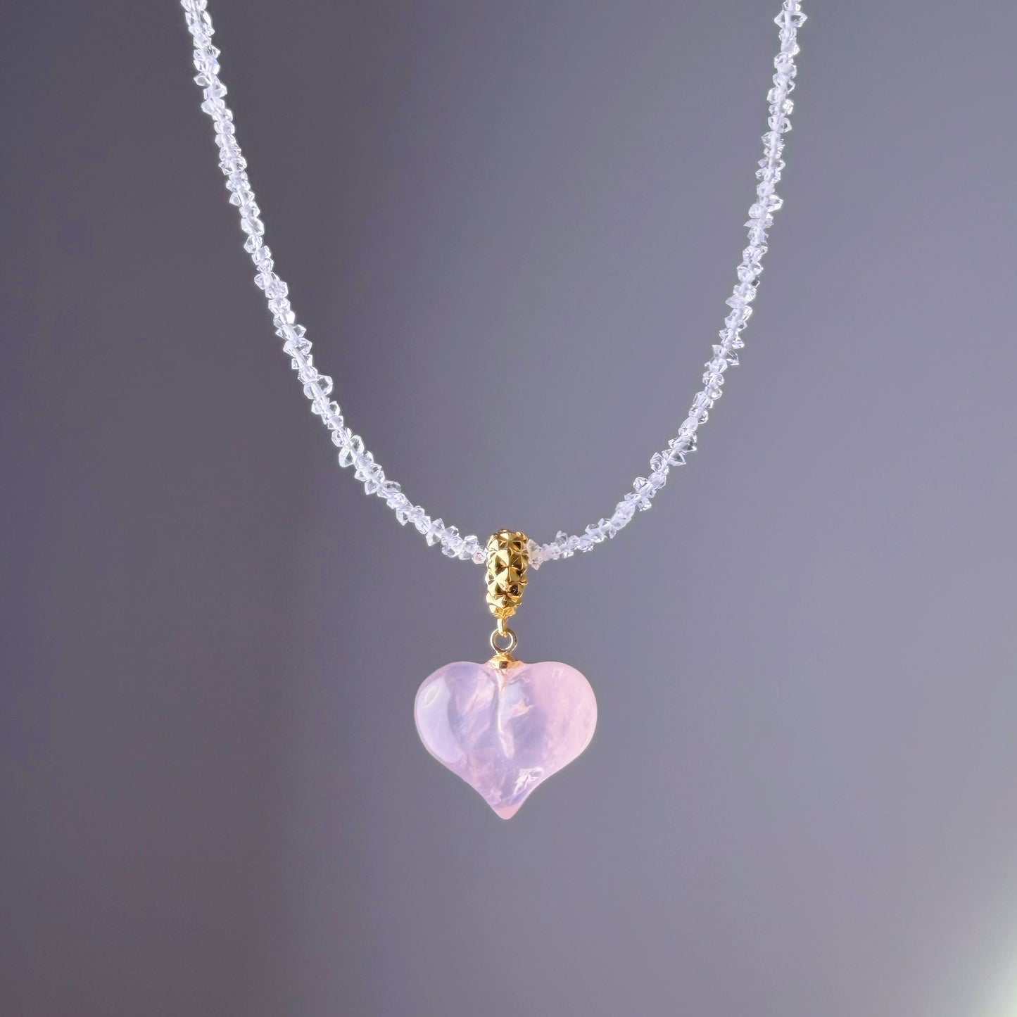 Rose Quartz Crystal Heart Pendant and Herkimer Diamond Beaded Necklace