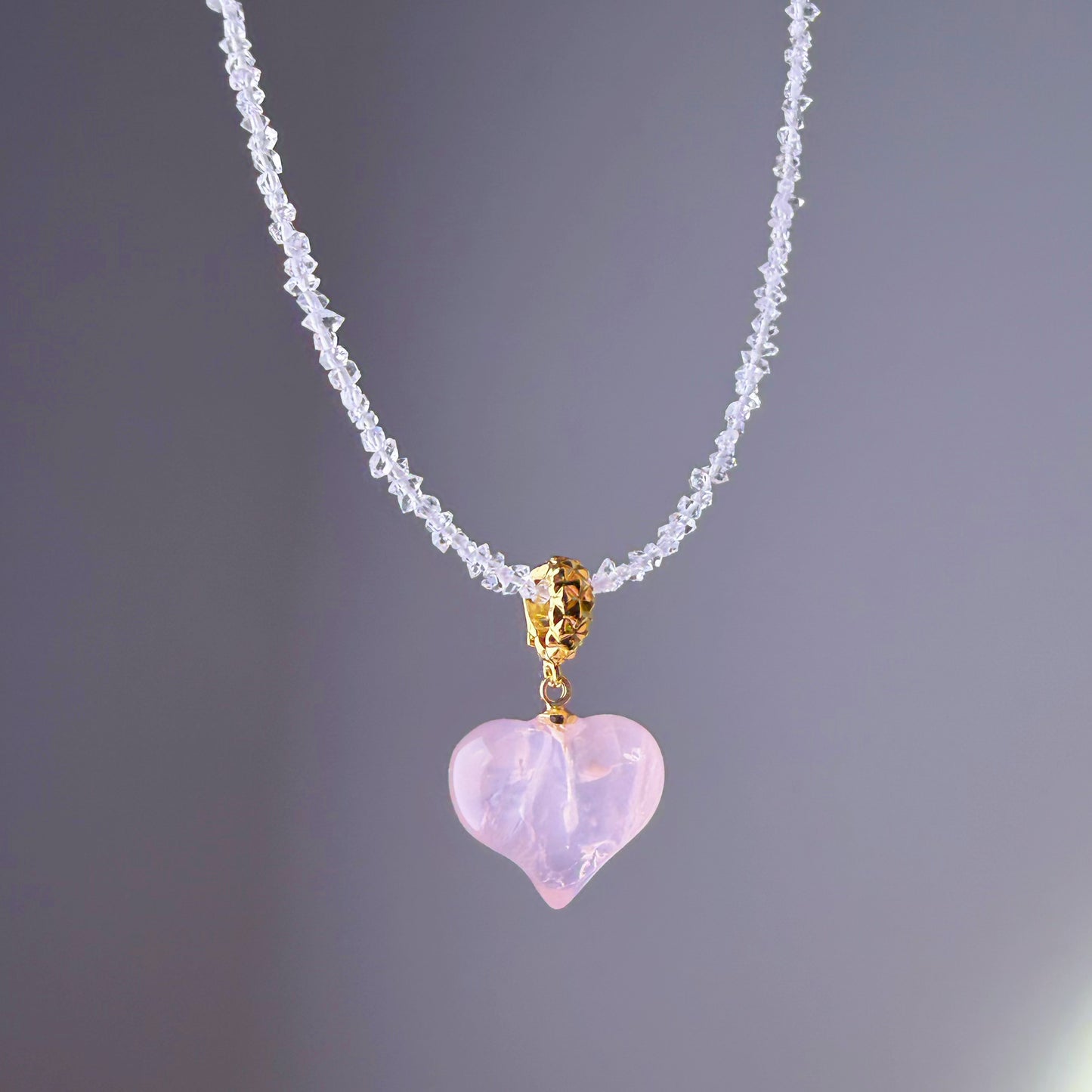 Rose Quartz Crystal Heart Pendant and Herkimer Diamond Beaded Necklace