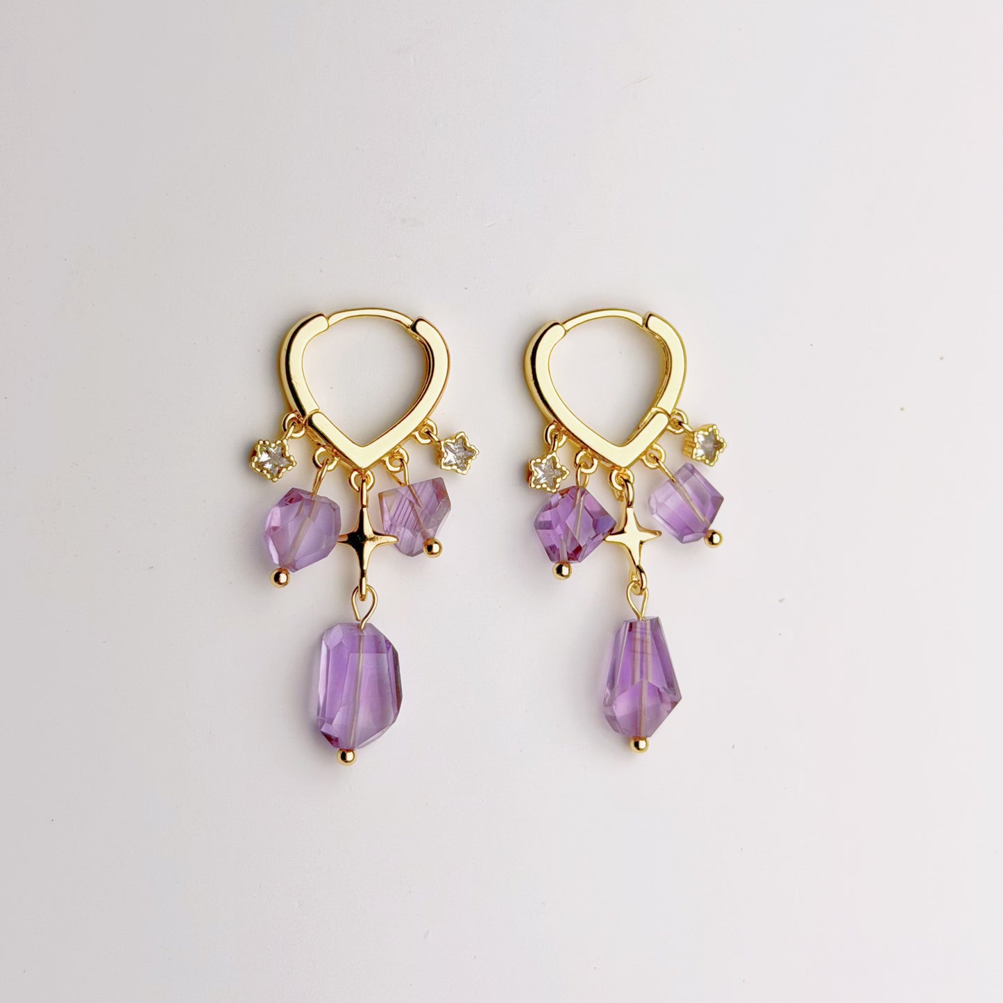 Handmade Natural Amethyst Faceted Gemstone Heart Hoop Earrings