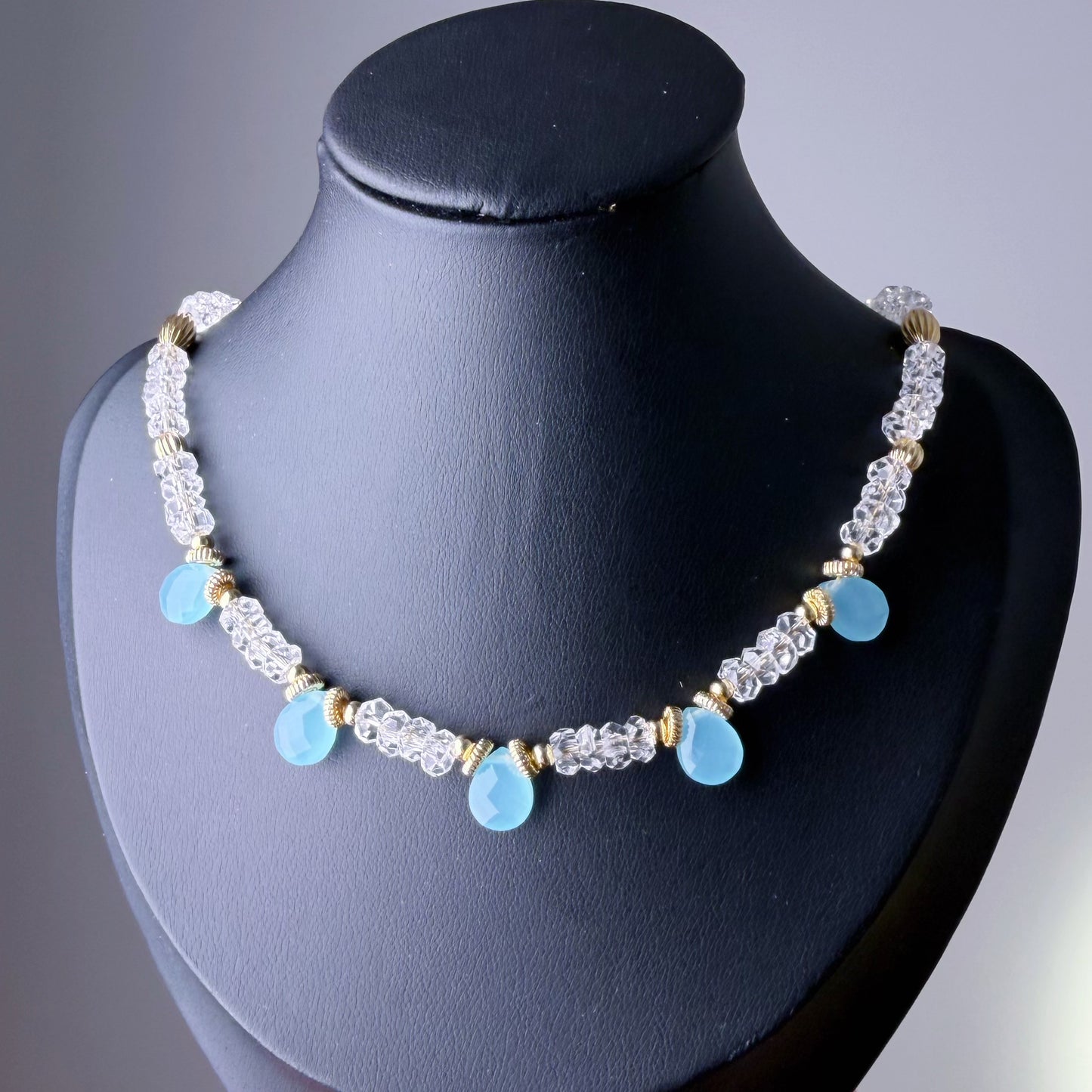 Handmade Light Blue Agate and Clear Quartz Faceted Gemstone Beads Necklace