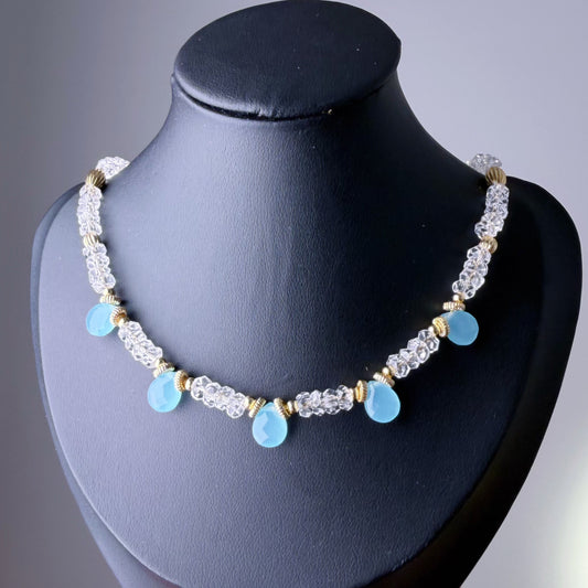 Handmade Light Blue Agate and Clear Quartz Faceted Gemstone Beads Necklace