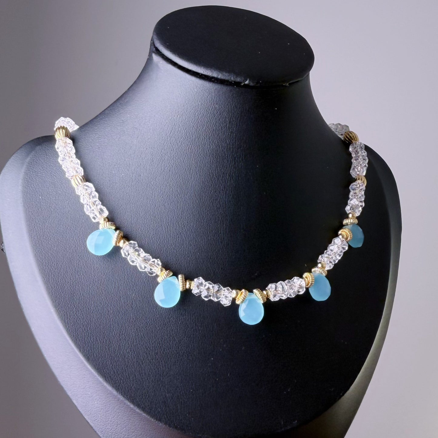 Handmade Light Blue Agate and Clear Quartz Faceted Gemstone Beads Necklace