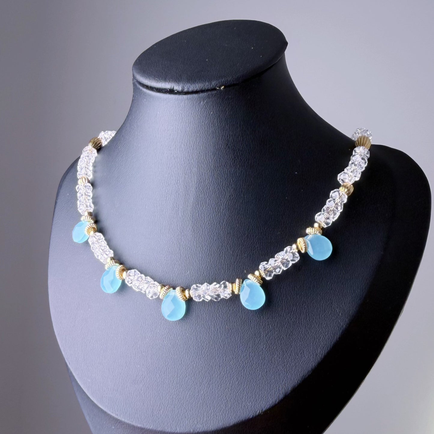 Handmade Light Blue Agate and Clear Quartz Faceted Gemstone Beads Necklace