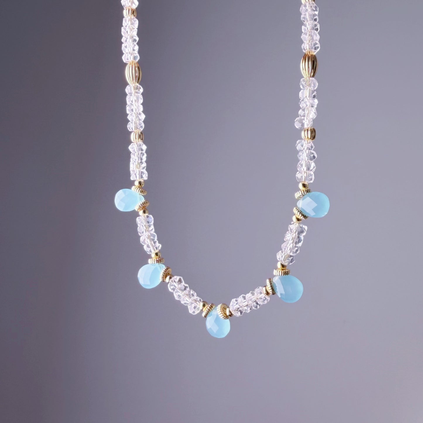 Handmade Light Blue Agate and Clear Quartz Faceted Gemstone Beads Necklace