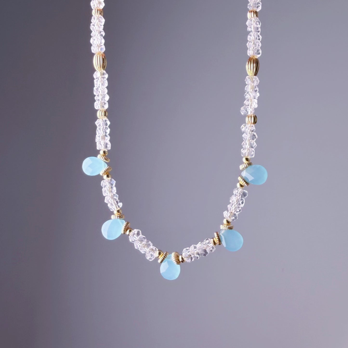 Handmade Light Blue Agate and Clear Quartz Faceted Gemstone Beads Necklace