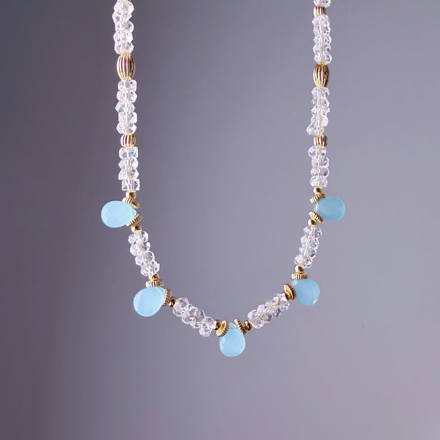 Handmade Light Blue Agate and Clear Quartz Faceted Gemstone Beads Necklace