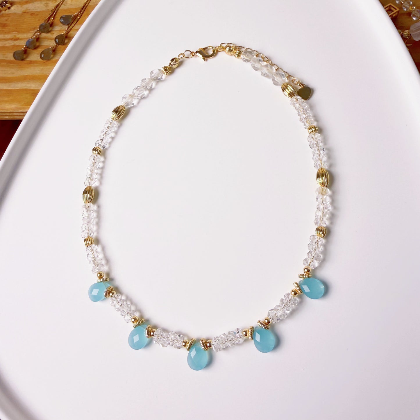 Handmade Light Blue Agate and Clear Quartz Faceted Gemstone Beads Necklace
