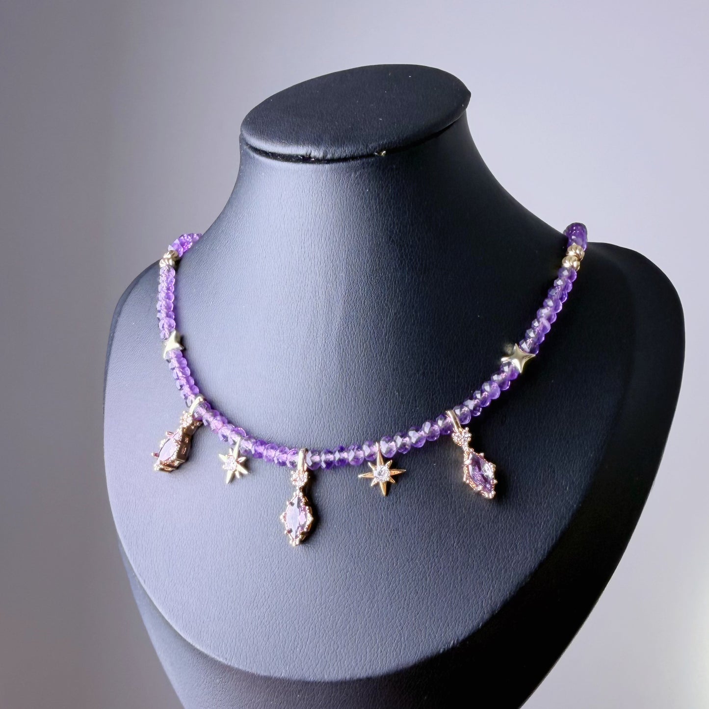 Handmade Faceted Amethyst Gemstone Beads Celestial Choker Necklace