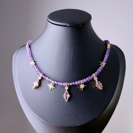Handmade Faceted Amethyst Gemstone Beads Celestial Choker Necklace