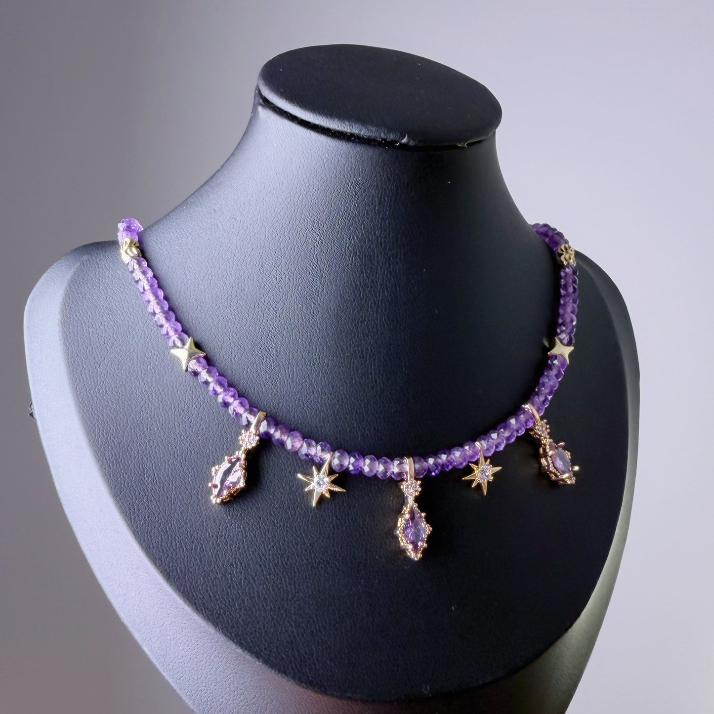 Handmade Faceted Amethyst Gemstone Beads Celestial Choker Necklace