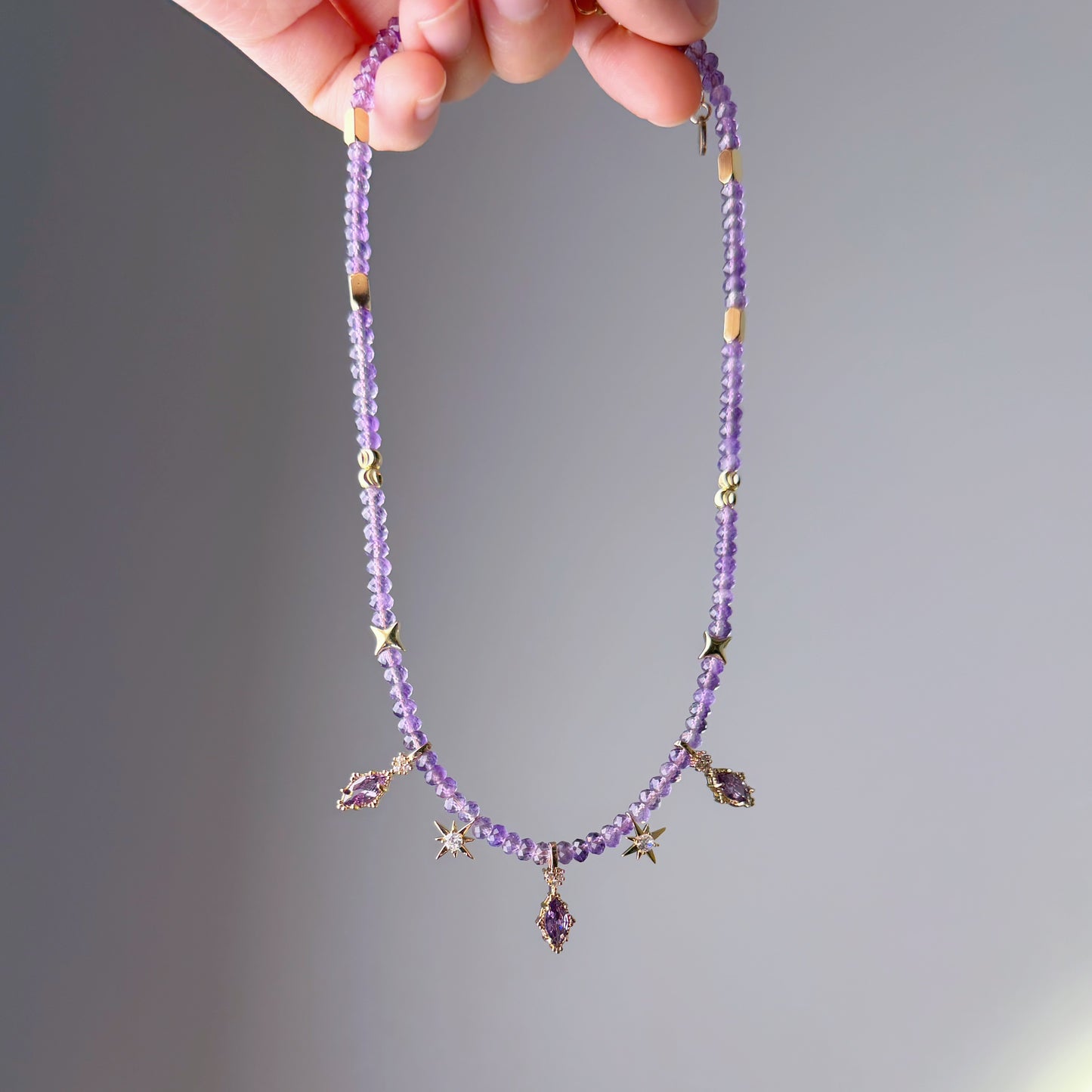 Handmade Faceted Amethyst Gemstone Beads Celestial Choker Necklace